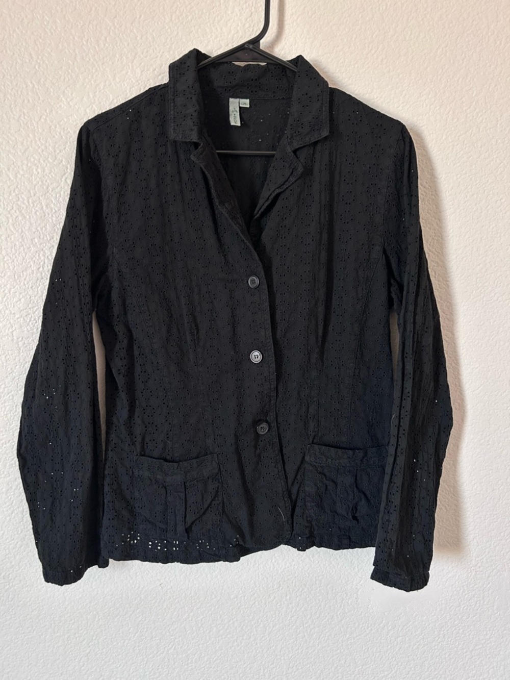 Corporate Goth Layering Black Eyelet Button-Front Long Sleeve Blazer Jacket